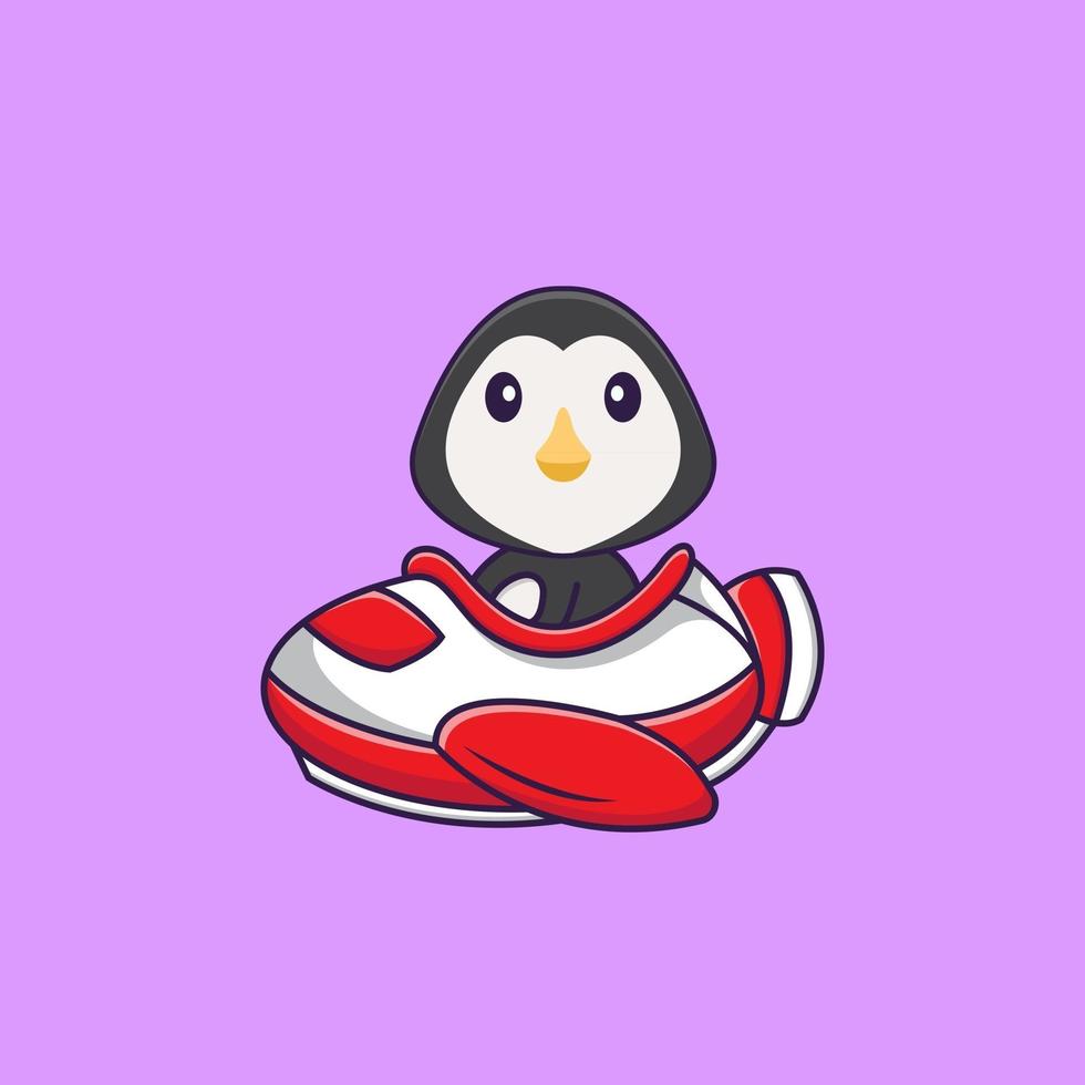 lindo pingüino volando en un avión. aislado concepto de dibujos animados de animales. Puede utilizarse para camiseta, tarjeta de felicitación, tarjeta de invitación o mascota. estilo de dibujos animados plana vector