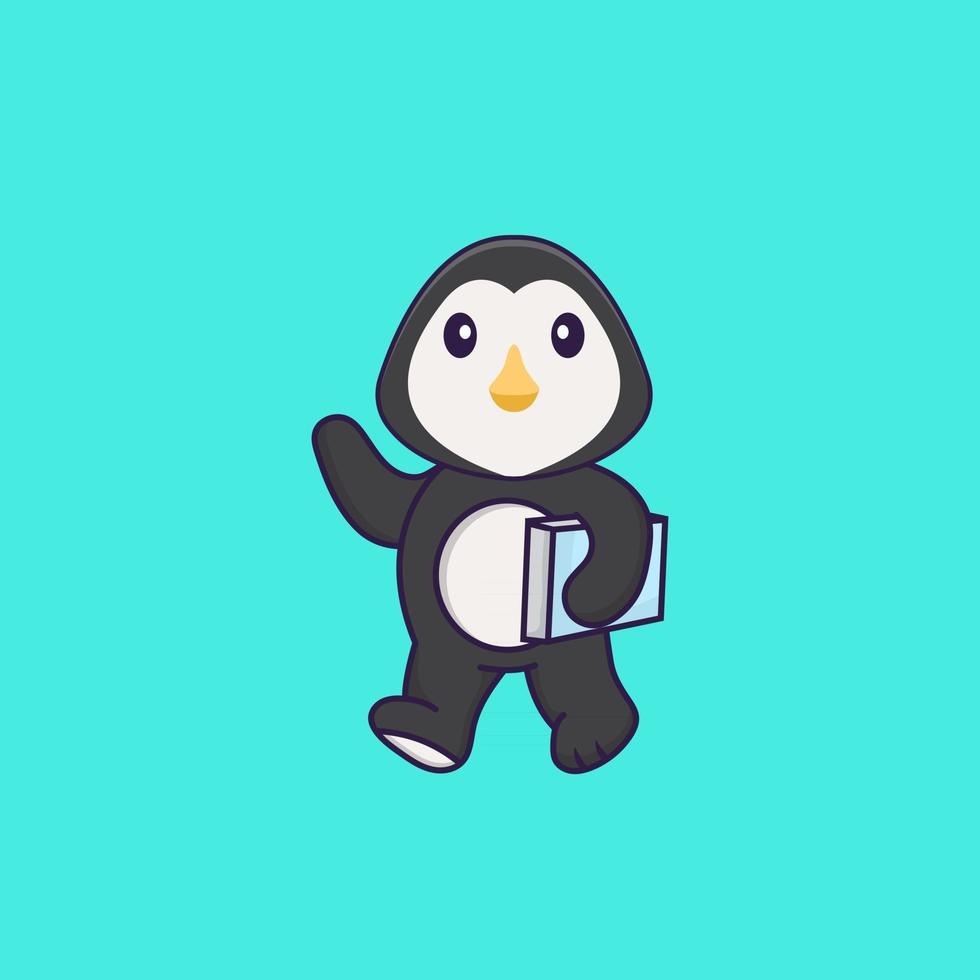 Cute penguin holding a book. Animal cartoon concept isolated. Can used for t-shirt, greeting card, invitation card or mascot. Flat Cartoon Style vector