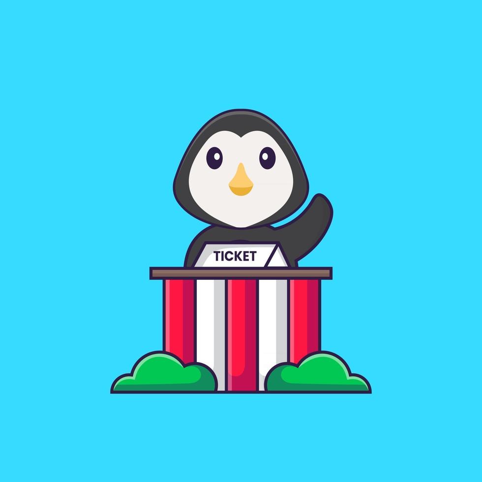 Cute penguin is being a ticket keeper. Animal cartoon concept isolated. Can used for t-shirt, greeting card, invitation card or mascot. Flat Cartoon Style vector