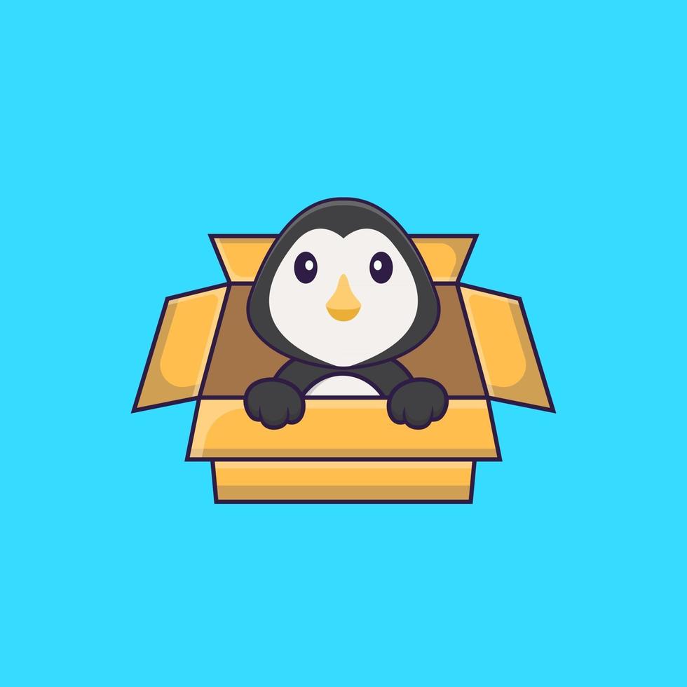 Cute penguin Playing In Box. Animal cartoon concept isolated. Can used for t-shirt, greeting card, invitation card or mascot. Flat Cartoon Style vector