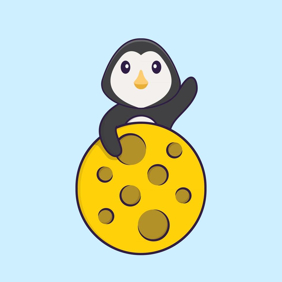 Cute penguin is on the moon. Animal cartoon concept isolated. Can used for t-shirt, greeting card, invitation card or mascot. Flat Cartoon Style vector