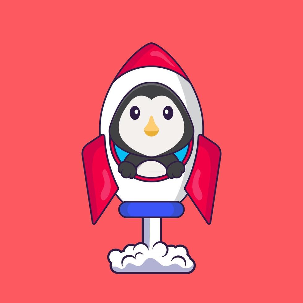 Cute penguin flying on rocket. Animal cartoon concept isolated. Can used for t-shirt, greeting card, invitation card or mascot. Flat Cartoon Style vector