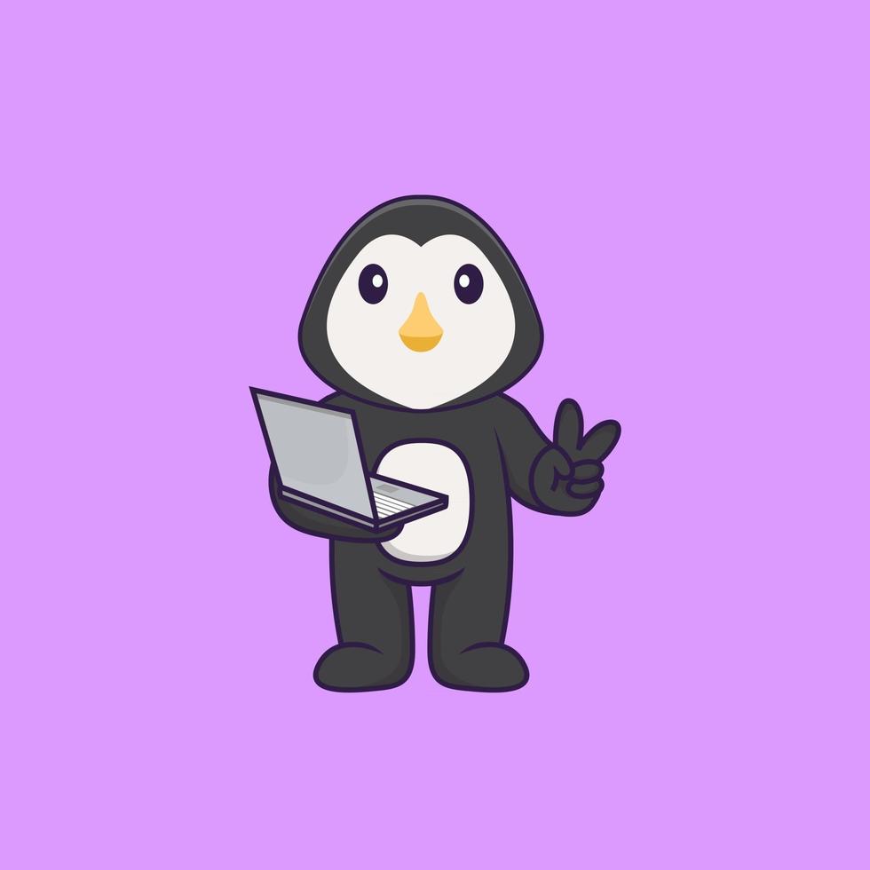 Cute penguin holding laptop. Animal cartoon concept isolated. Can used for t-shirt, greeting card, invitation card or mascot. Flat Cartoon Style vector