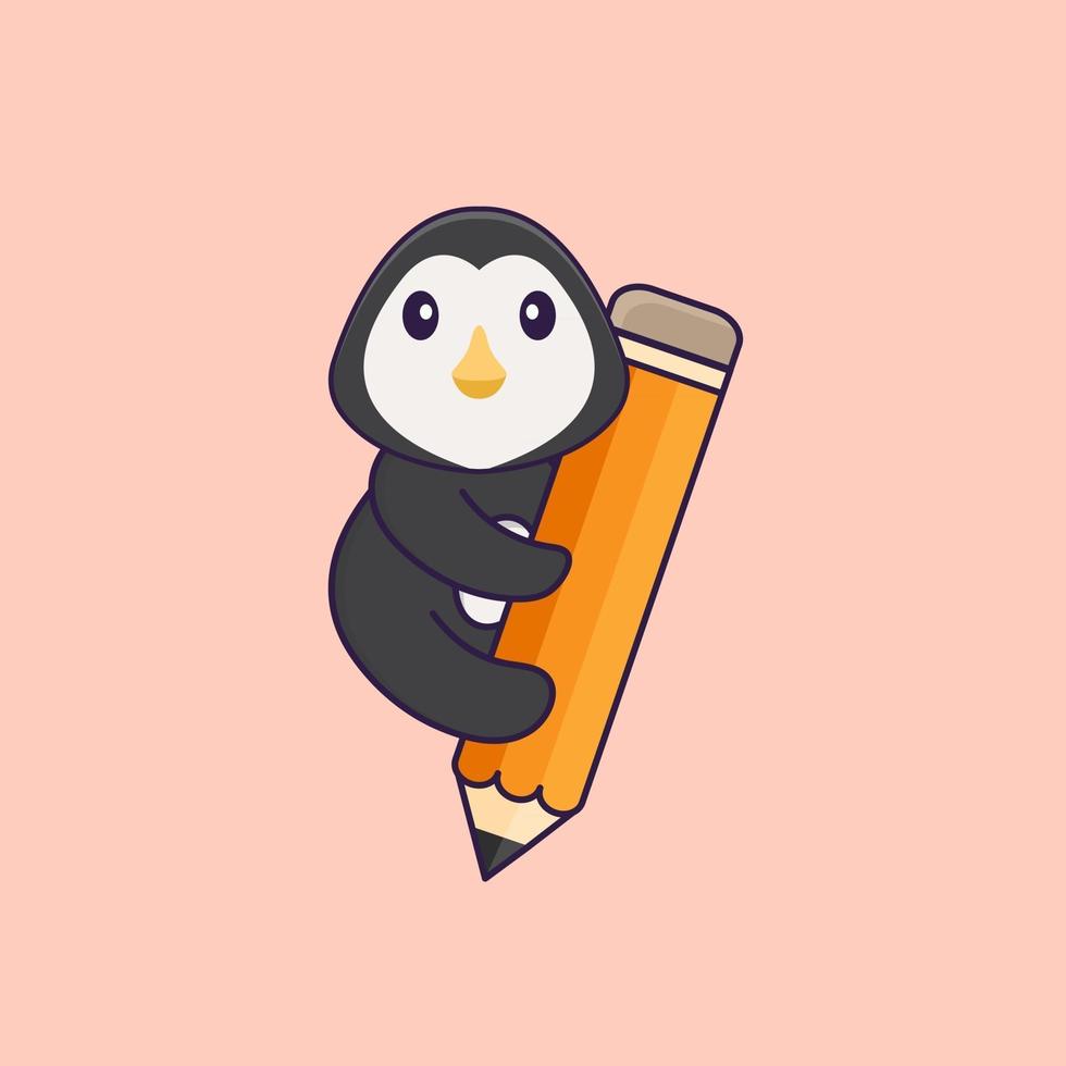 lindo pingüino sosteniendo un lápiz. aislado concepto de dibujos animados de animales. Puede utilizarse para camiseta, tarjeta de felicitación, tarjeta de invitación o mascota. estilo de dibujos animados plana vector