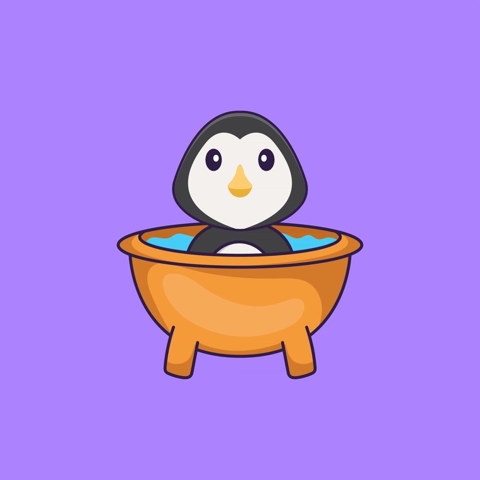 lindo pingüino tomando un baño en la bañera. aislado concepto de dibujos animados de animales. Puede utilizarse para camiseta, tarjeta de felicitación, tarjeta de invitación o mascota. estilo de dibujos animados plana vector