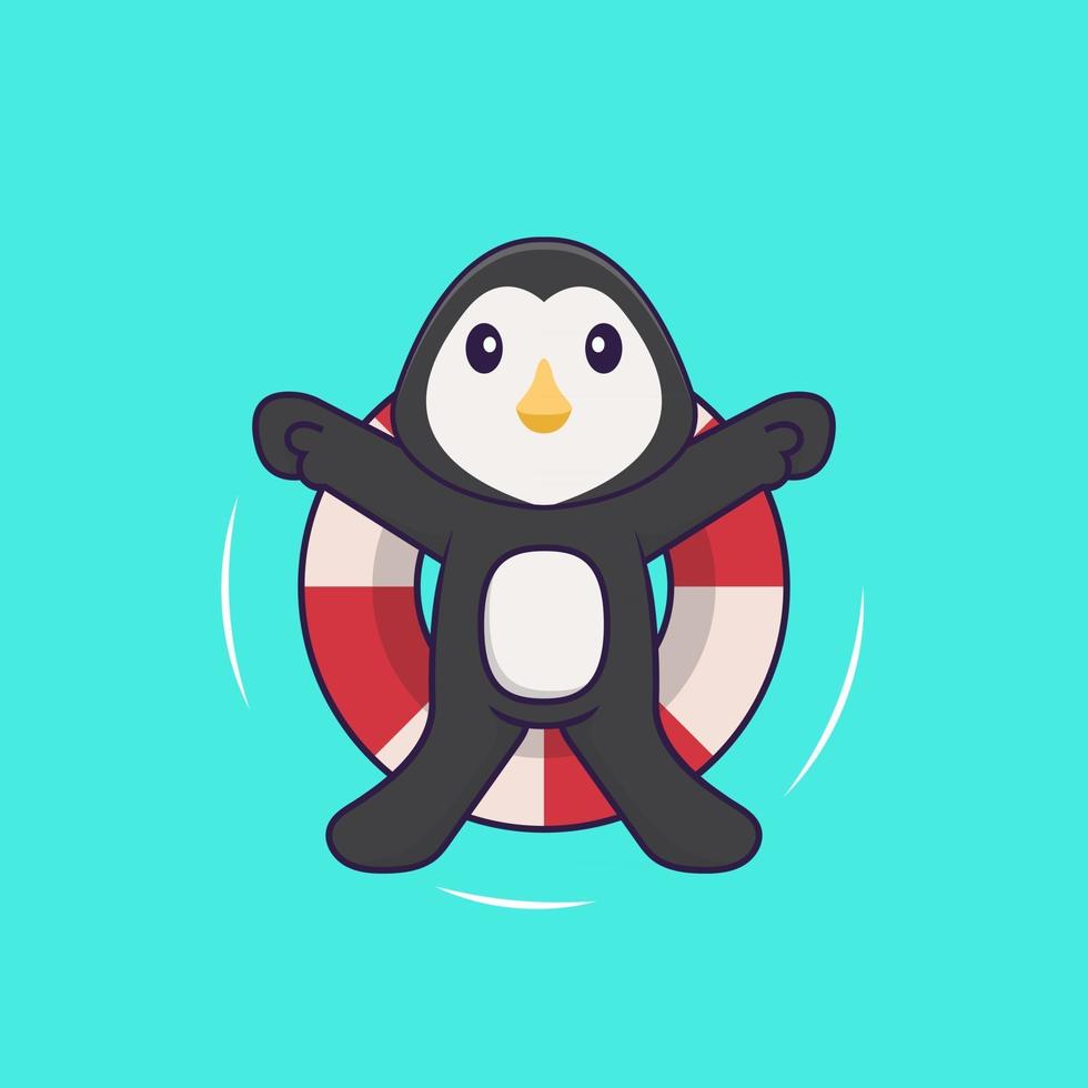 Cute penguin is Swimming with a buoy. Animal cartoon concept isolated. Can used for t-shirt, greeting card, invitation card or mascot. Flat Cartoon Style vector