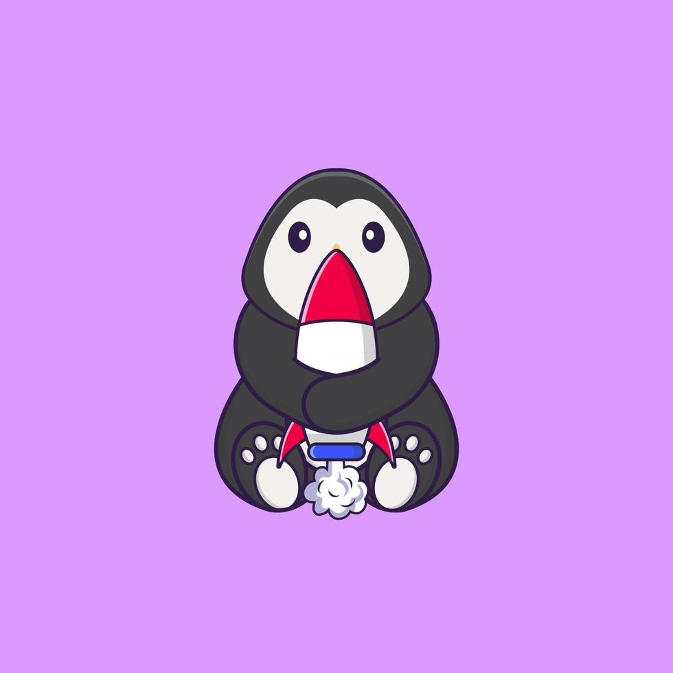 lindo pingüino sosteniendo un cohete. aislado concepto de dibujos animados de animales. Puede utilizarse para camiseta, tarjeta de felicitación, tarjeta de invitación o mascota. estilo de dibujos animados plana vector