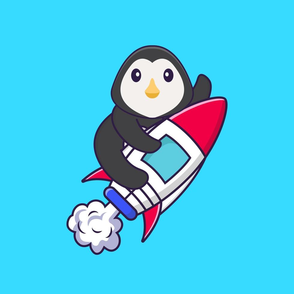 Cute penguin flying on rocket. Animal cartoon concept isolated. Can used for t-shirt, greeting card, invitation card or mascot. Flat Cartoon Style vector