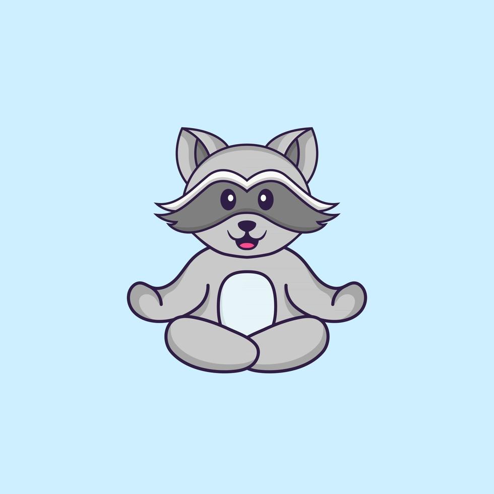 Cute racoon is meditating or doing yoga. Animal cartoon concept isolated. Can used for t-shirt, greeting card, invitation card or mascot. Flat Cartoon Style vector