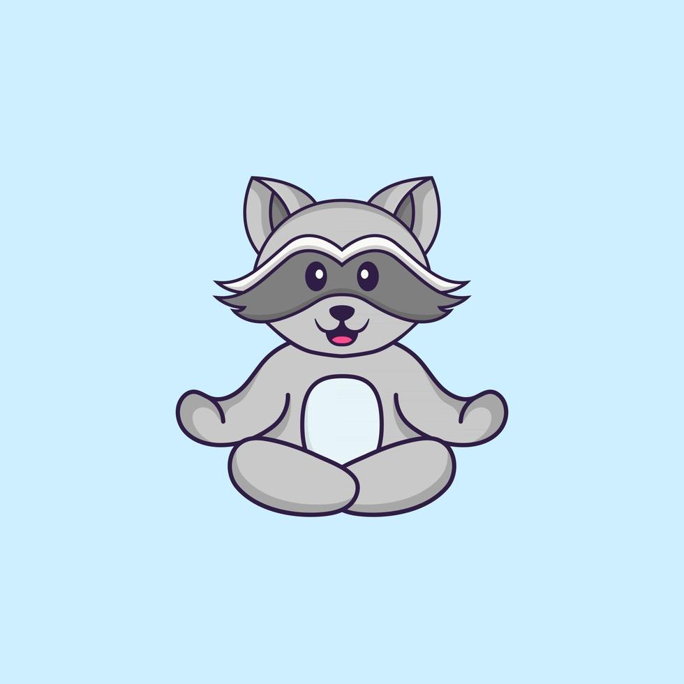 lindo mapache está meditando o haciendo yoga. aislado concepto de dibujos animados de animales. Puede utilizarse para camiseta, tarjeta de felicitación, tarjeta de invitación o mascota. estilo de dibujos animados plana vector