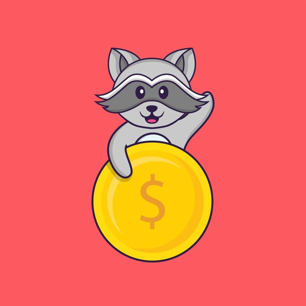 Cute racoon holding coin. Animal cartoon concept isolated. Can used for t-shirt, greeting card, invitation card or mascot. Flat Cartoon Style vector