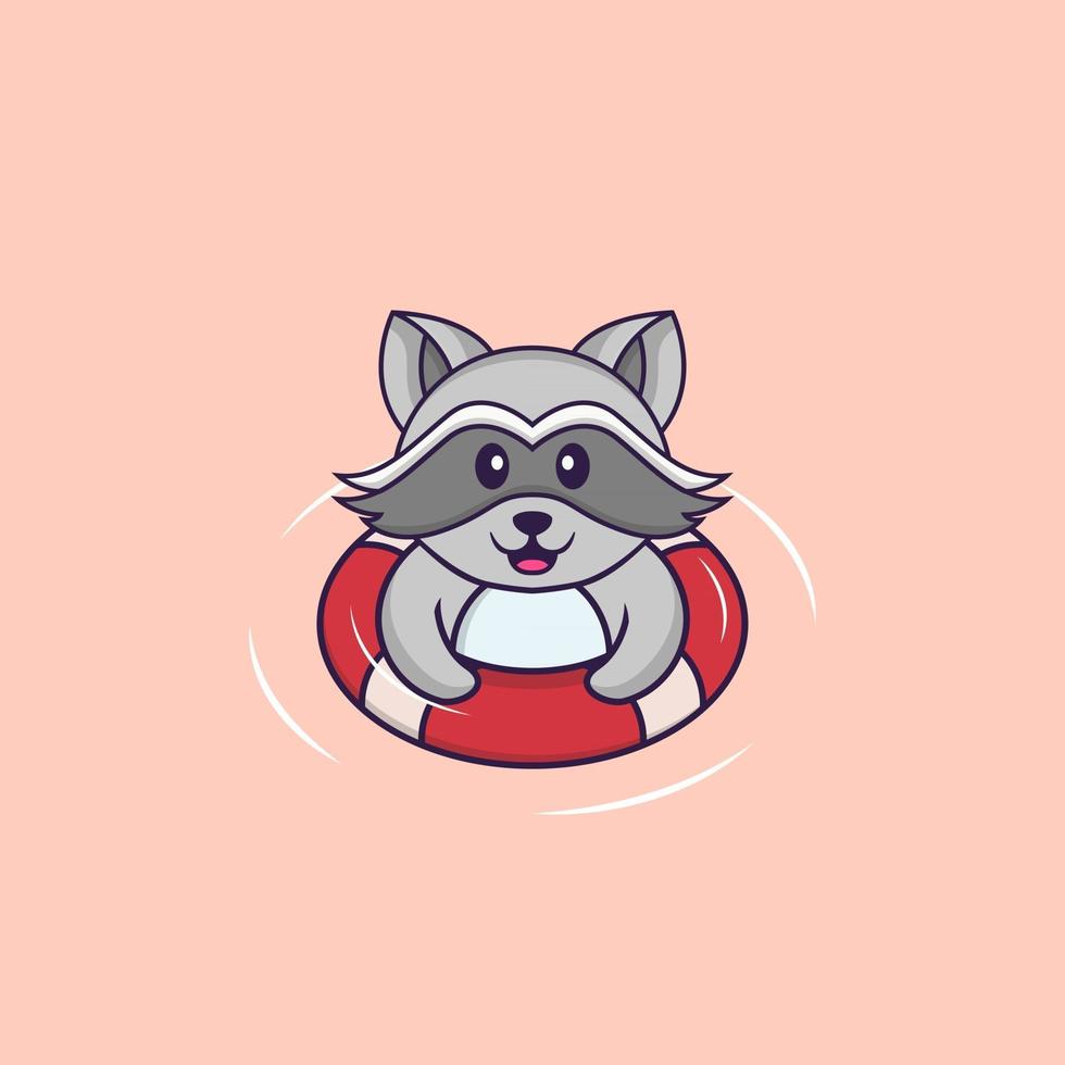 Cute racoon is Swimming with a buoy. Animal cartoon concept isolated. Can used for t-shirt, greeting card, invitation card or mascot. Flat Cartoon Style vector
