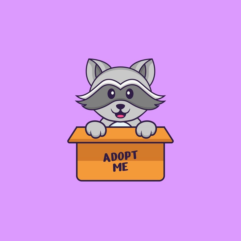 Cute racoon in box with a poster Adopt me. Animal cartoon concept isolated. Can used for t-shirt, greeting card, invitation card or mascot. Flat Cartoon Style vector