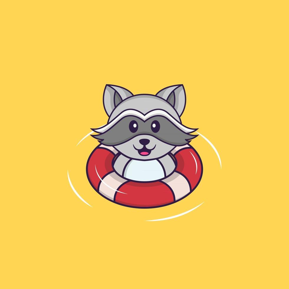 Cute racoon is Swimming with a buoy. Animal cartoon concept isolated. Can used for t-shirt, greeting card, invitation card or mascot. Flat Cartoon Style vector