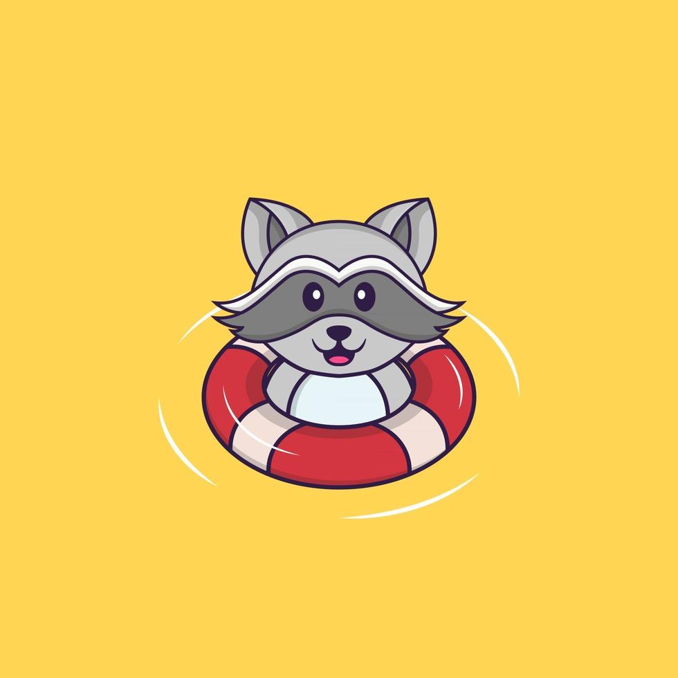 Cute racoon is Swimming with a buoy. Animal cartoon concept isolated. Can used for t-shirt, greeting card, invitation card or mascot. Flat Cartoon Style vector