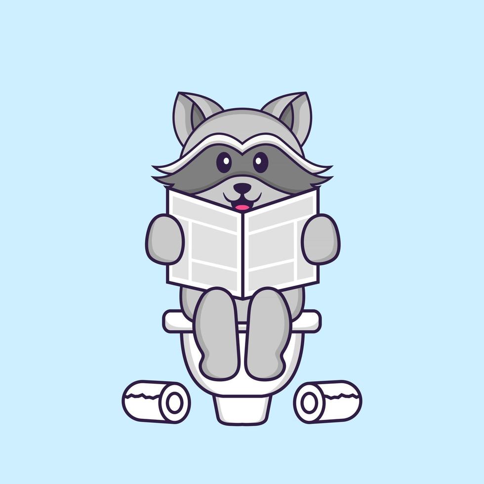 Cute racoon Pooping On Toilet and read newspaper. Animal cartoon concept isolated. Can used for t-shirt, greeting card, invitation card or mascot. Flat Cartoon Style vector