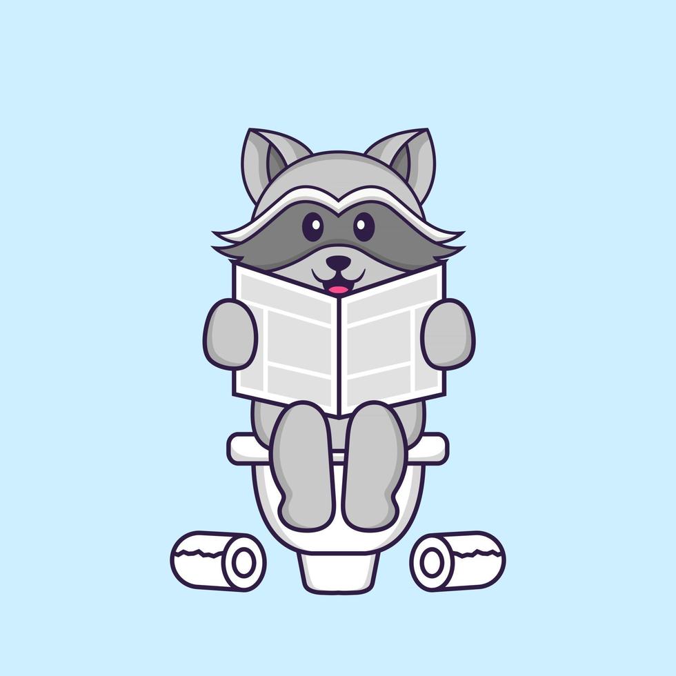 Cute racoon Pooping On Toilet and read newspaper. Animal cartoon concept isolated. Can used for t-shirt, greeting card, invitation card or mascot. Flat Cartoon Style vector