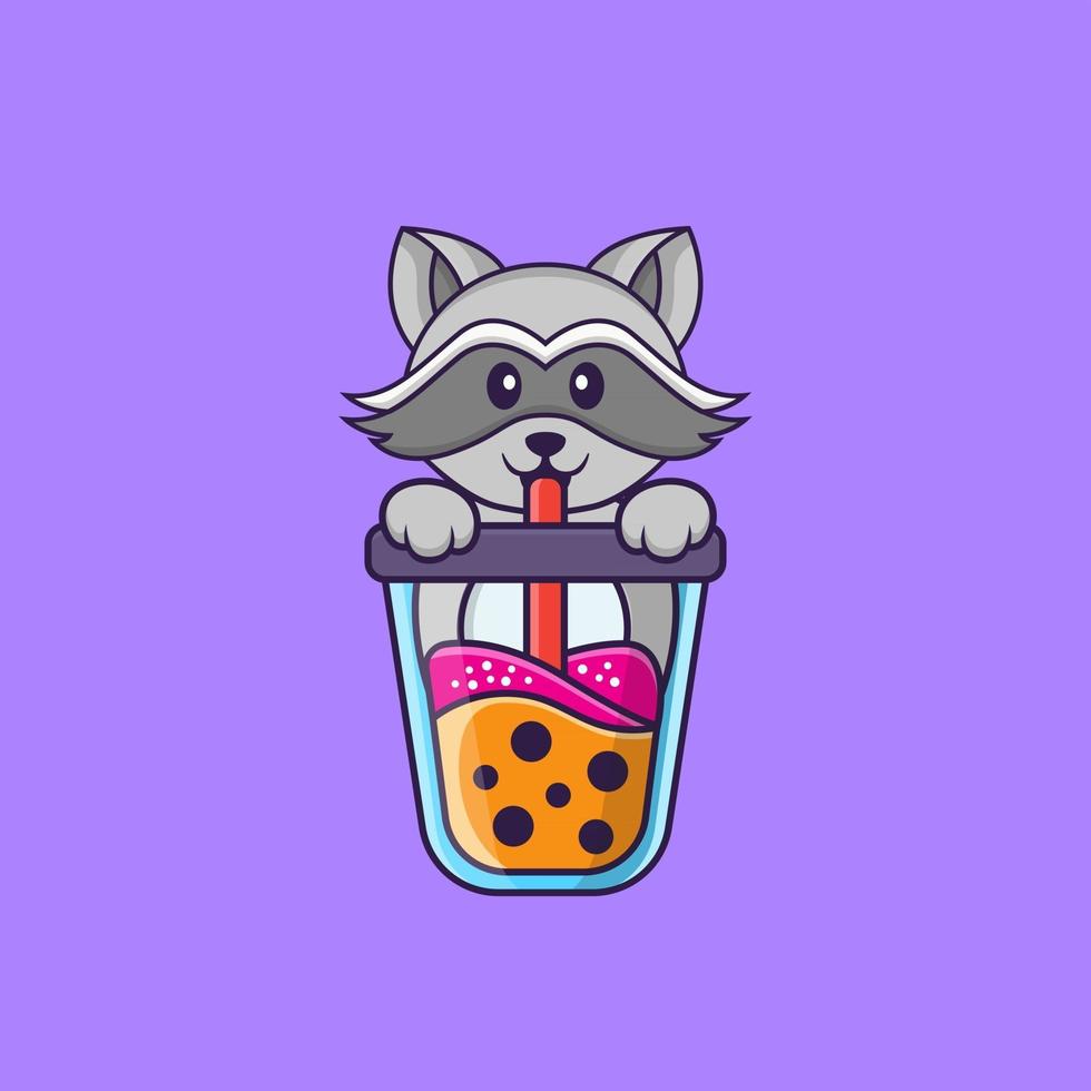 Cute racoon Drinking Boba milk tea. Animal cartoon concept isolated. Can used for t-shirt, greeting card, invitation card or mascot. Flat Cartoon Style vector