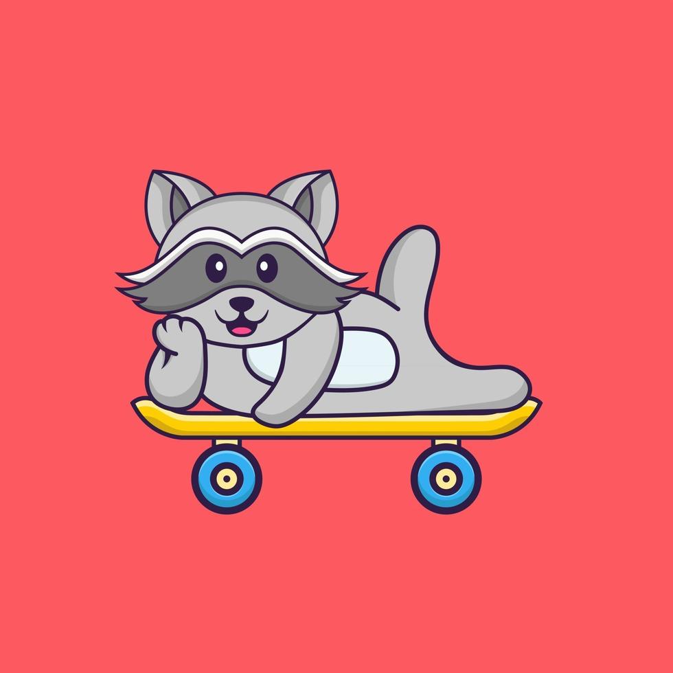 Cute racoon lying on a skateboard. Animal cartoon concept isolated. Can used for t-shirt, greeting card, invitation card or mascot. Flat Cartoon Style vector