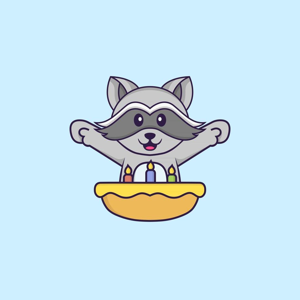 Cute racoon with birthday cake. Animal cartoon concept isolated. Can used for t-shirt, greeting card, invitation card or mascot. Flat Cartoon Style vector