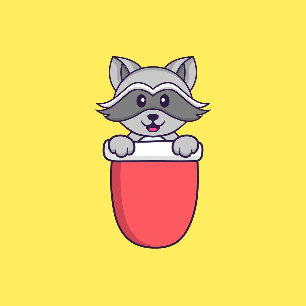 Cute racoon in red pocket. Animal cartoon concept isolated. Can used for t-shirt, greeting card, invitation card or mascot. Flat Cartoon Style vector