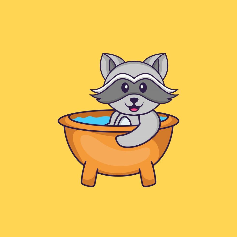 Cute racoon taking a bath in the bathtub. Animal cartoon concept isolated. Can used for t-shirt, greeting card, invitation card or mascot. Flat Cartoon Style vector