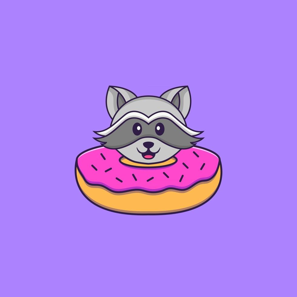 Cute racoon with a donut on his neck. Animal cartoon concept isolated. Can used for t-shirt, greeting card, invitation card or mascot. Flat Cartoon Style vector