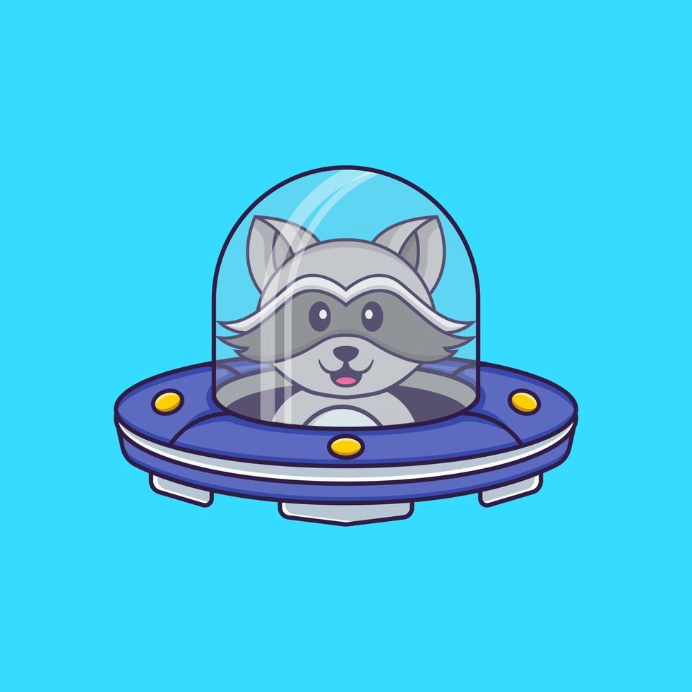 Cute racoon Driving Spaceship Ufo. Animal cartoon concept isolated. Can used for t-shirt, greeting card, invitation card or mascot. Flat Cartoon Style vector