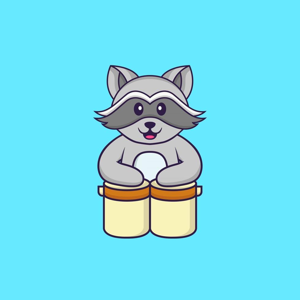 Cute racoon is playing drums. Animal cartoon concept isolated. Can used for t-shirt, greeting card, invitation card or mascot. Flat Cartoon Style vector