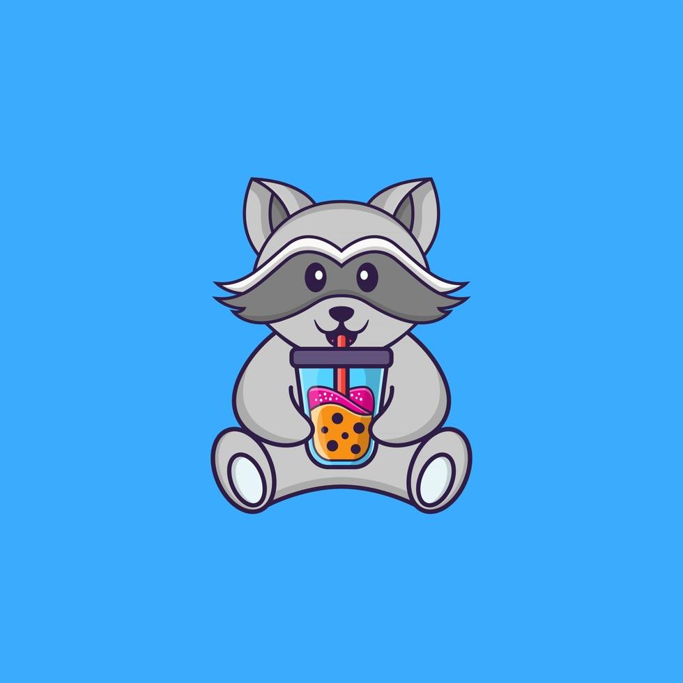 lindo mapache bebiendo té con leche boba. aislado concepto de dibujos animados de animales. Puede utilizarse para camiseta, tarjeta de felicitación, tarjeta de invitación o mascota. estilo de dibujos animados plana vector