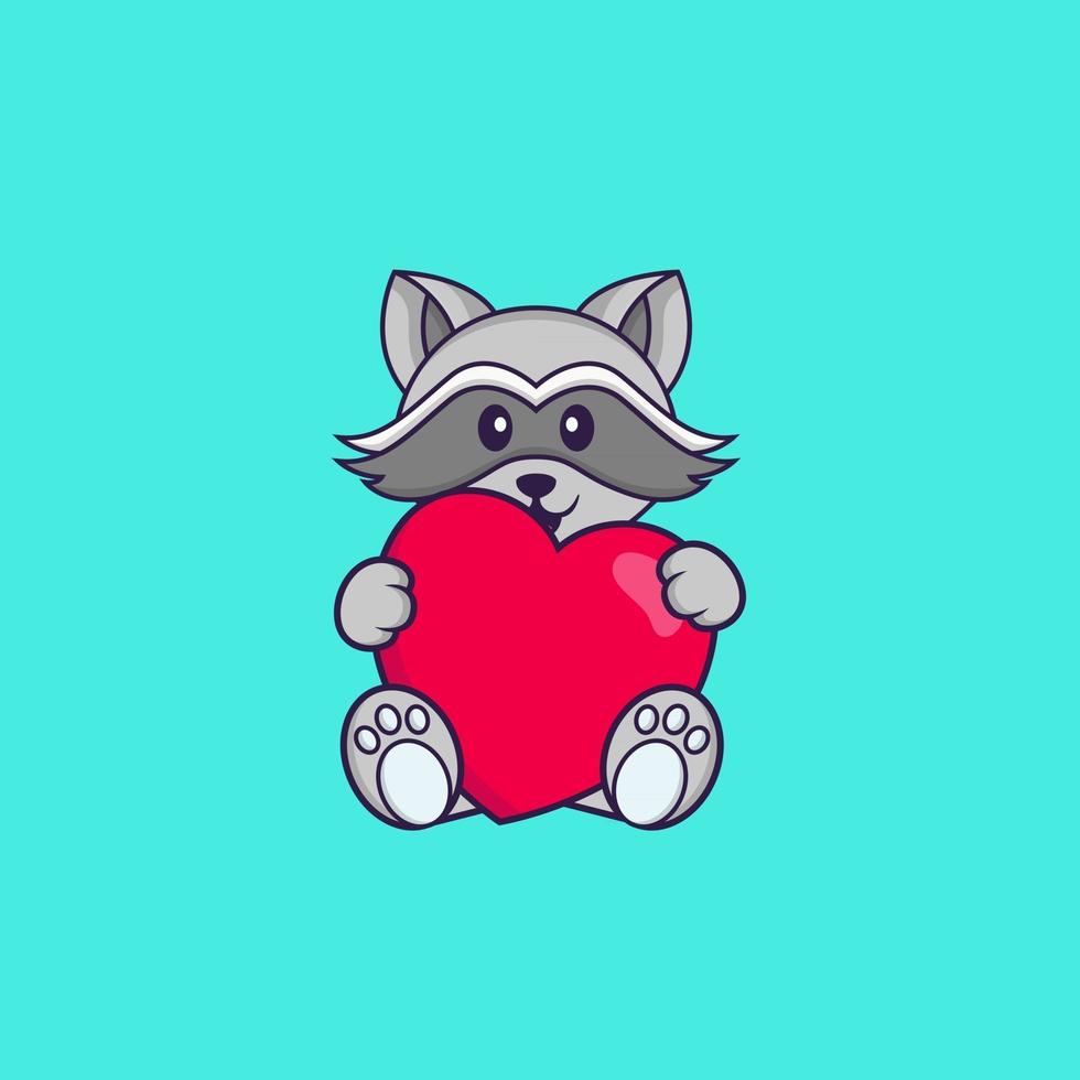Cute racoon holding a big red heart. Animal cartoon concept isolated. Can used for t-shirt, greeting card, invitation card or mascot. Flat Cartoon Style vector