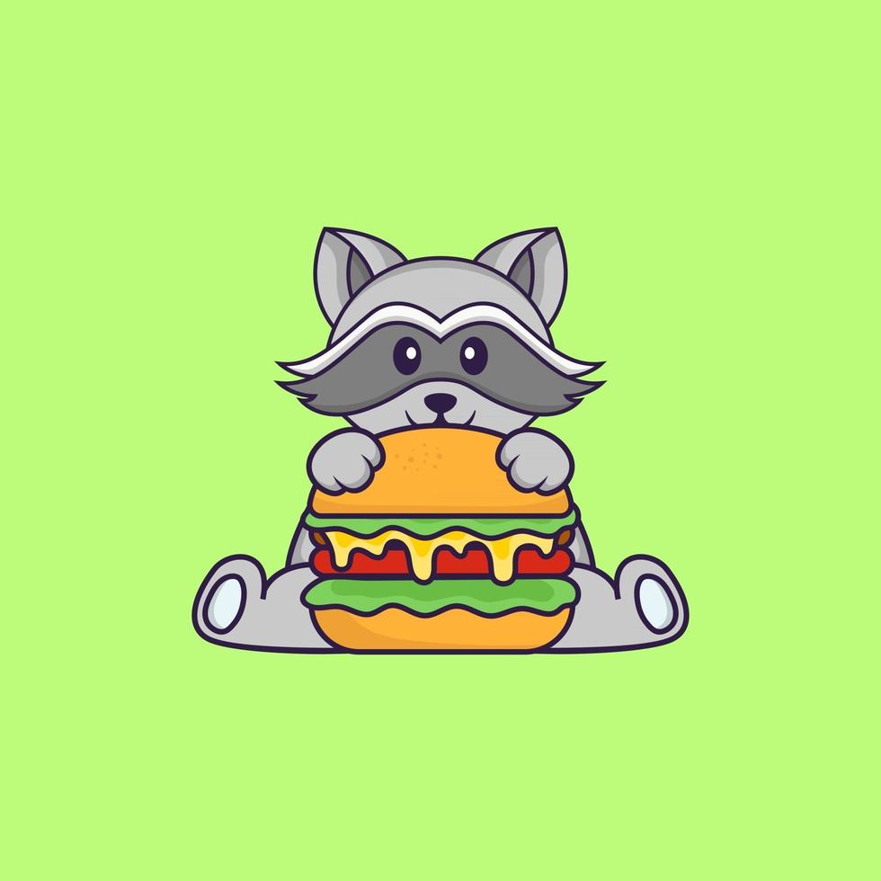 lindo mapache comiendo hamburguesa. aislado concepto de dibujos animados de animales. Puede utilizarse para camiseta, tarjeta de felicitación, tarjeta de invitación o mascota. estilo de dibujos animados plana vector