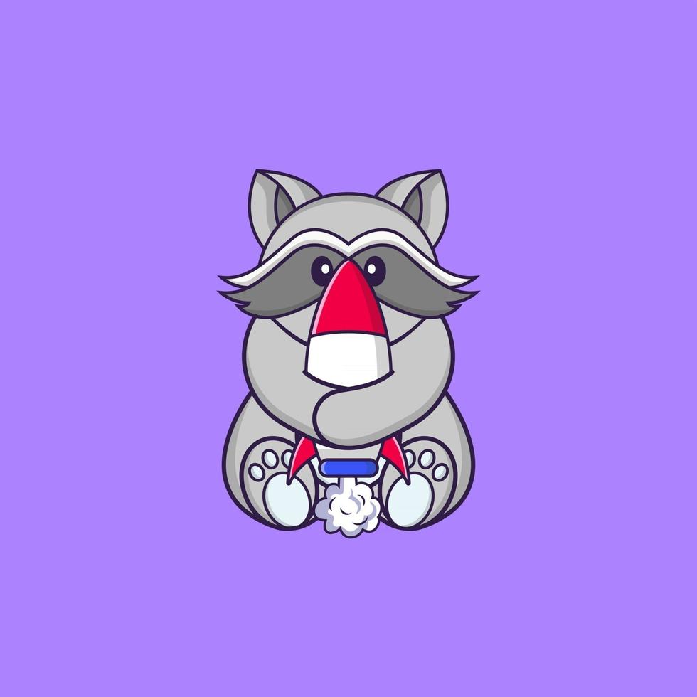 Cute racoon holding a rocket. Animal cartoon concept isolated. Can used for t-shirt, greeting card, invitation card or mascot. Flat Cartoon Style vector