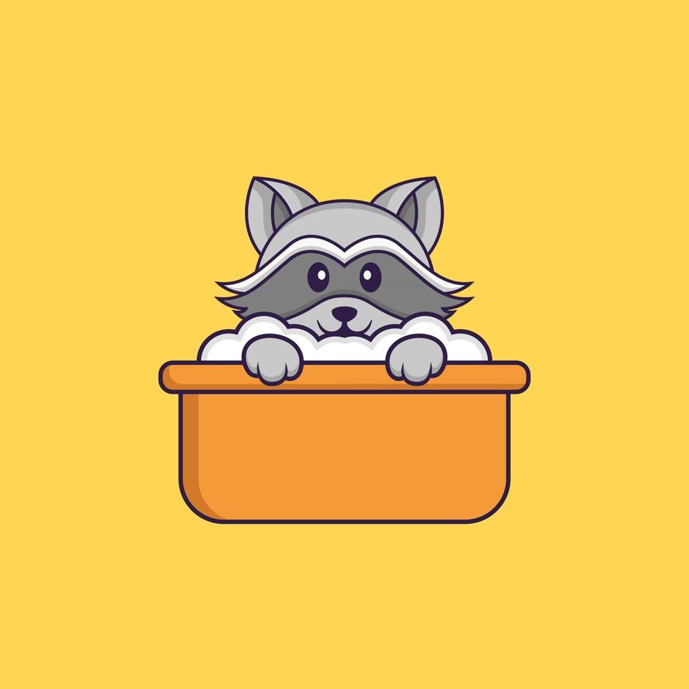 Cute racoon taking a bath in the bathtub. Animal cartoon concept isolated. Can used for t-shirt, greeting card, invitation card or mascot. Flat Cartoon Style vector