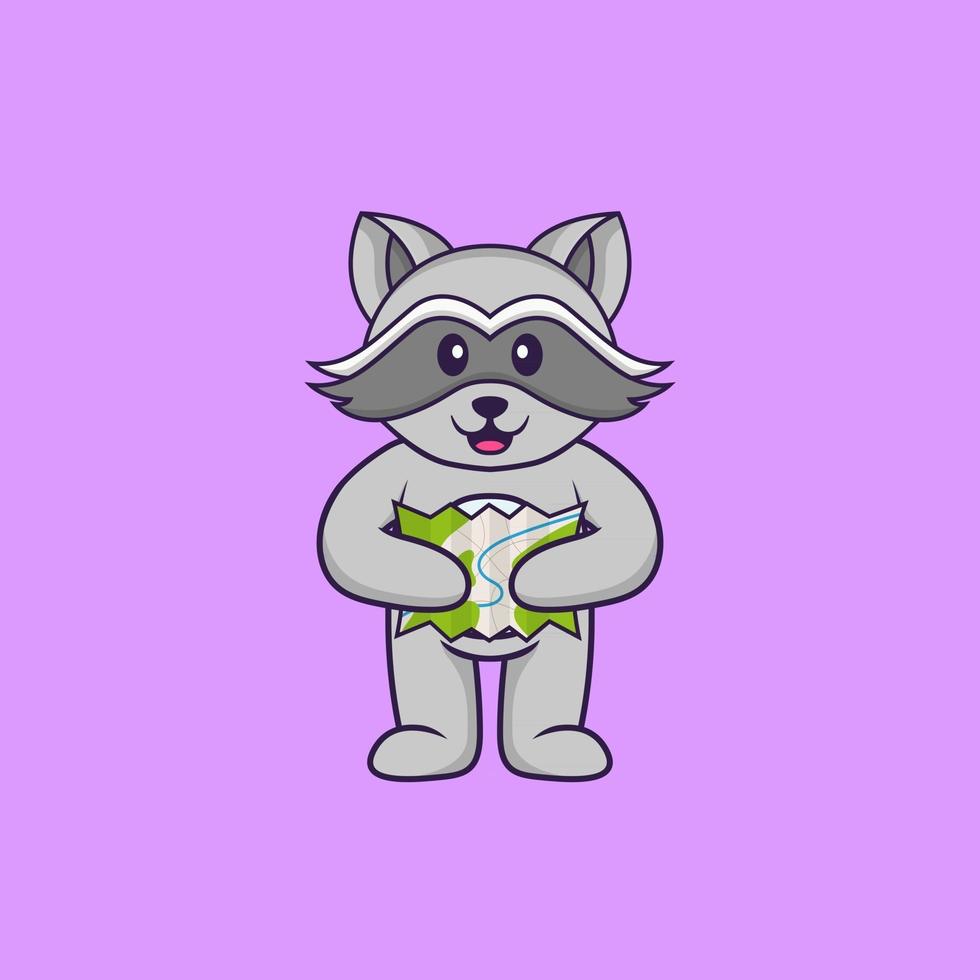 Cute racoon holding a map. Animal cartoon concept isolated. Can used for t-shirt, greeting card, invitation card or mascot. Flat Cartoon Style vector