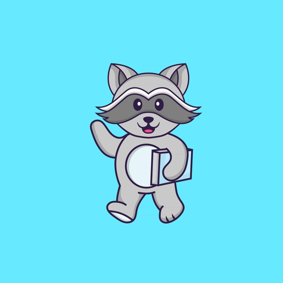 Cute racoon holding a book. Animal cartoon concept isolated. Can used for t-shirt, greeting card, invitation card or mascot. Flat Cartoon Style vector