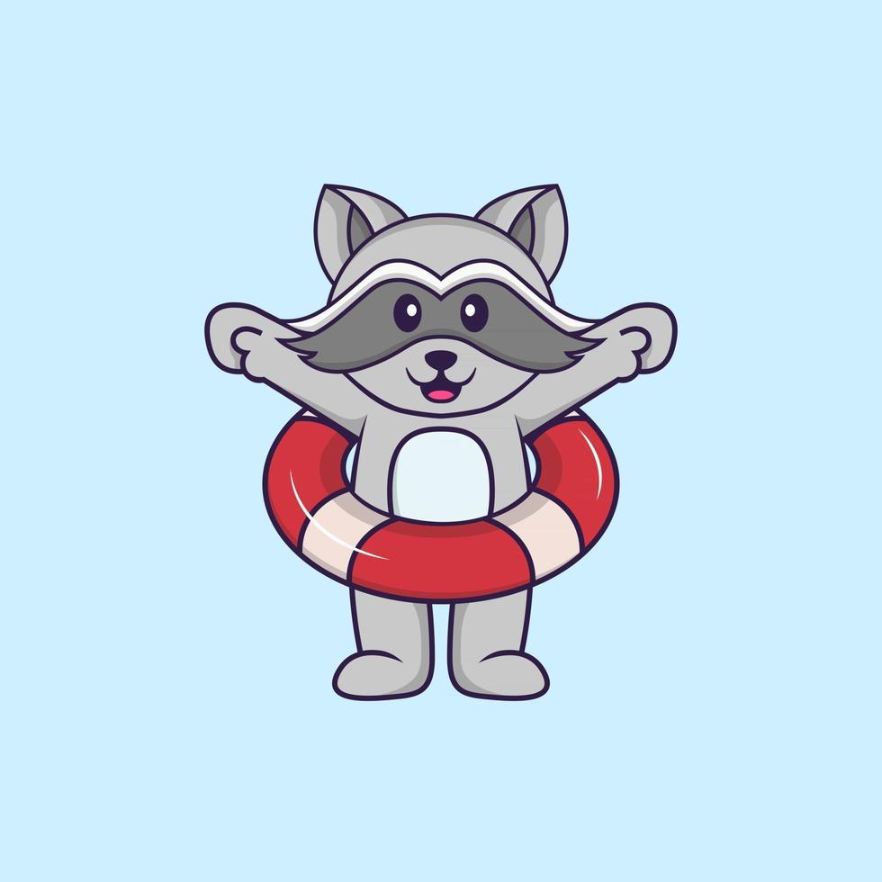 Cute racoon using a float. Animal cartoon concept isolated. Can used for t-shirt, greeting card, invitation card or mascot. Flat Cartoon Style vector