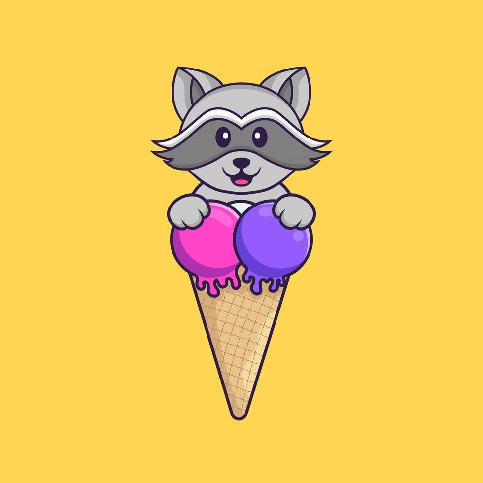 Cute racoon with sweet ice cream. Animal cartoon concept isolated. Can used for t-shirt, greeting card, invitation card or mascot. Flat Cartoon Style vector