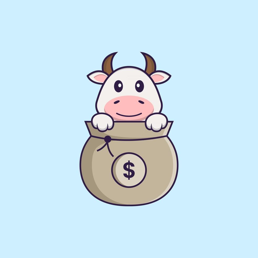 Cute cow playing in money bag. Animal cartoon concept isolated. Can used for t-shirt, greeting card, invitation card or mascot. Flat Cartoon Style vector