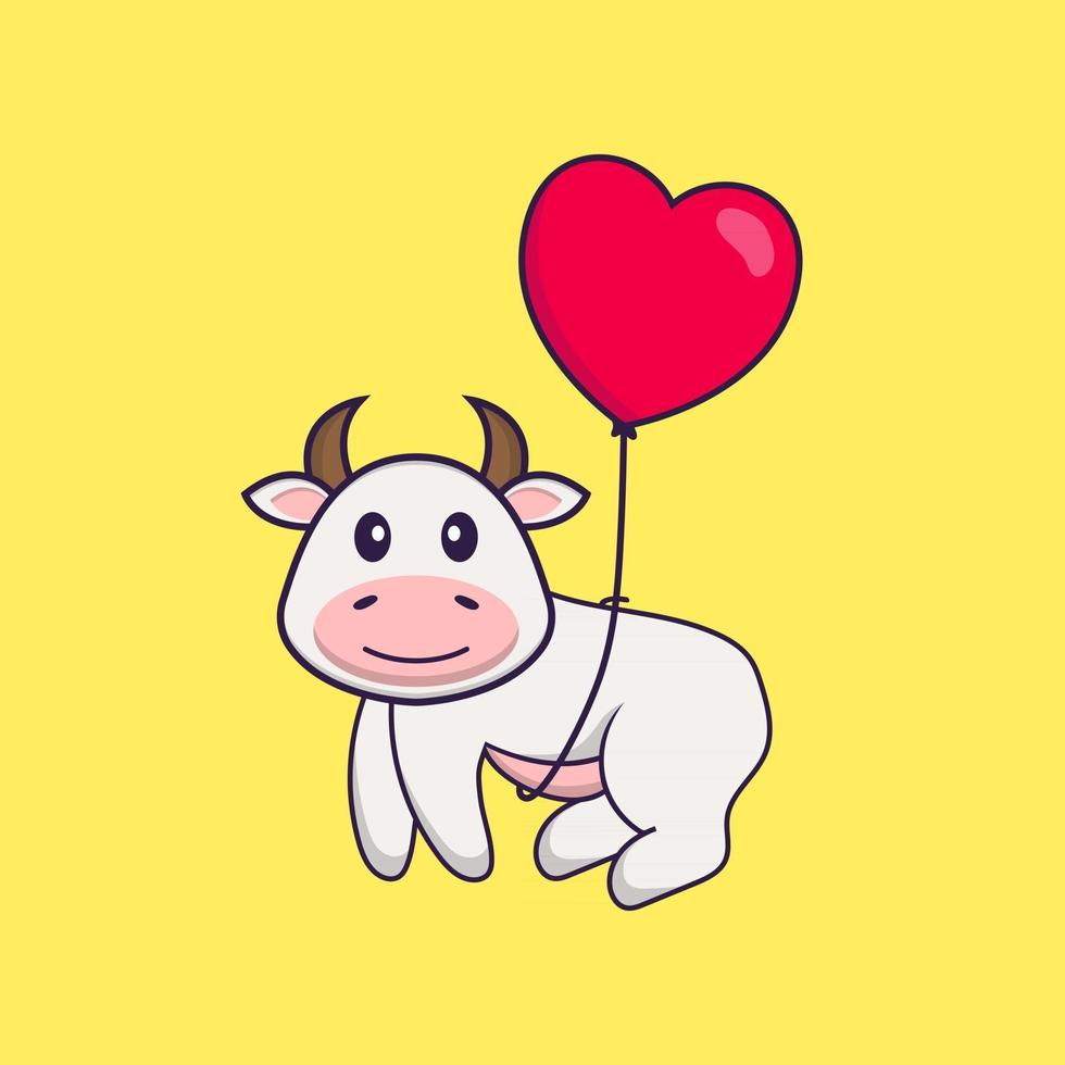 linda vaca volando con globos en forma de amor. aislado concepto de dibujos animados de animales. Puede utilizarse para camiseta, tarjeta de felicitación, tarjeta de invitación o mascota. estilo de dibujos animados plana vector
