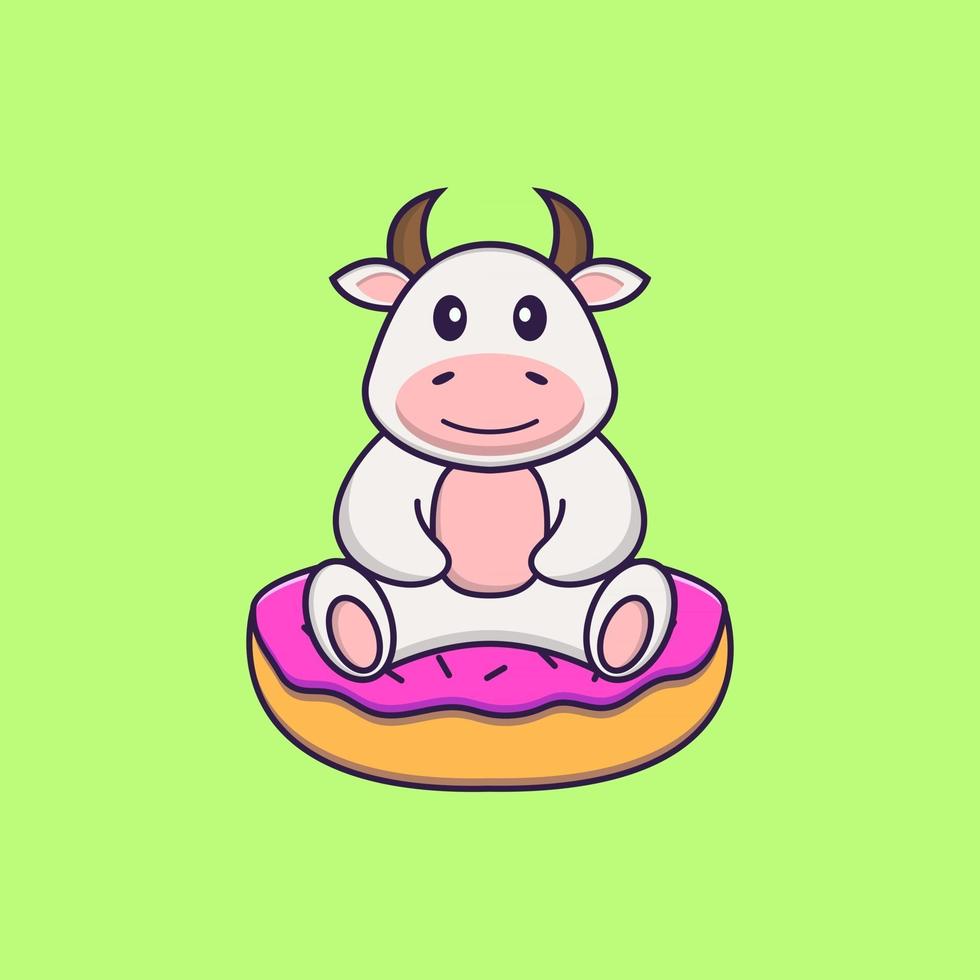 Cute cow is sitting on donuts. Animal cartoon concept isolated. Can used for t-shirt, greeting card, invitation card or mascot. Flat Cartoon Style vector