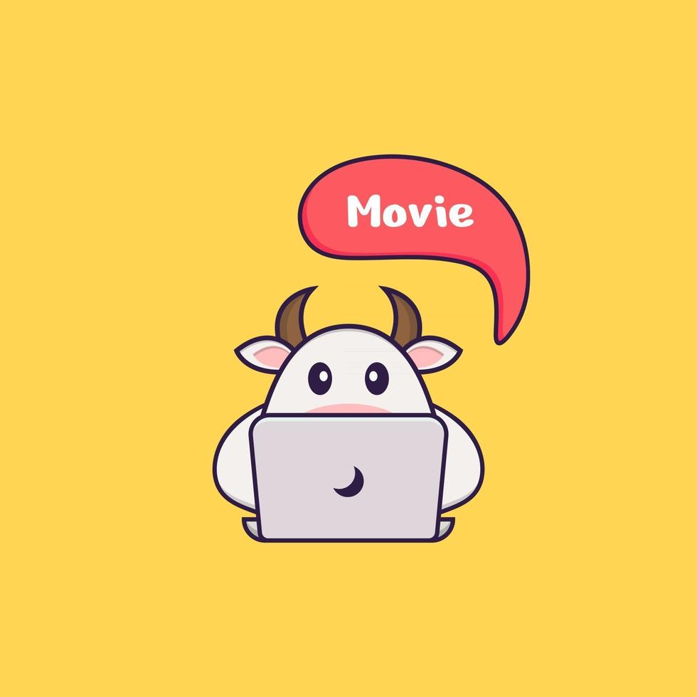 Cute cow is watching a movie. Animal cartoon concept isolated. Can used for t-shirt, greeting card, invitation card or mascot. Flat Cartoon Style vector