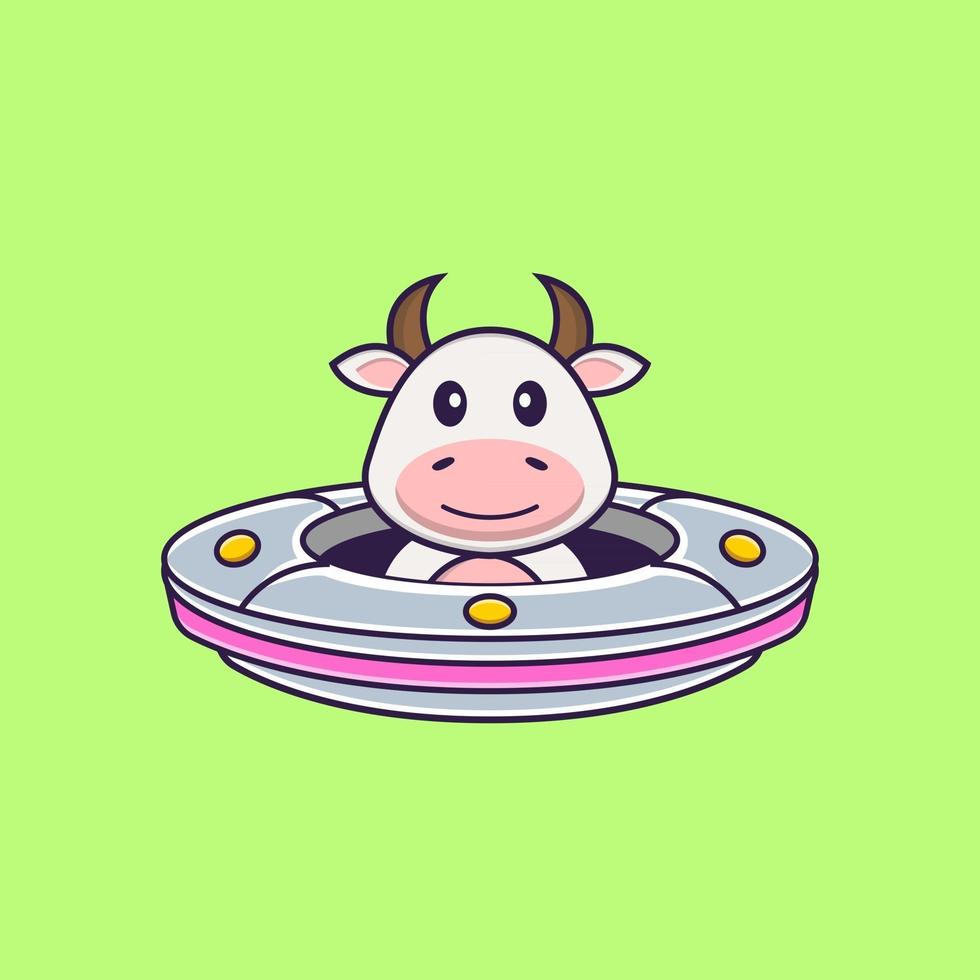 Cute cow Driving Spaceship Ufo. Animal cartoon concept isolated. Can used for t-shirt, greeting card, invitation card or mascot. Flat Cartoon Style vector