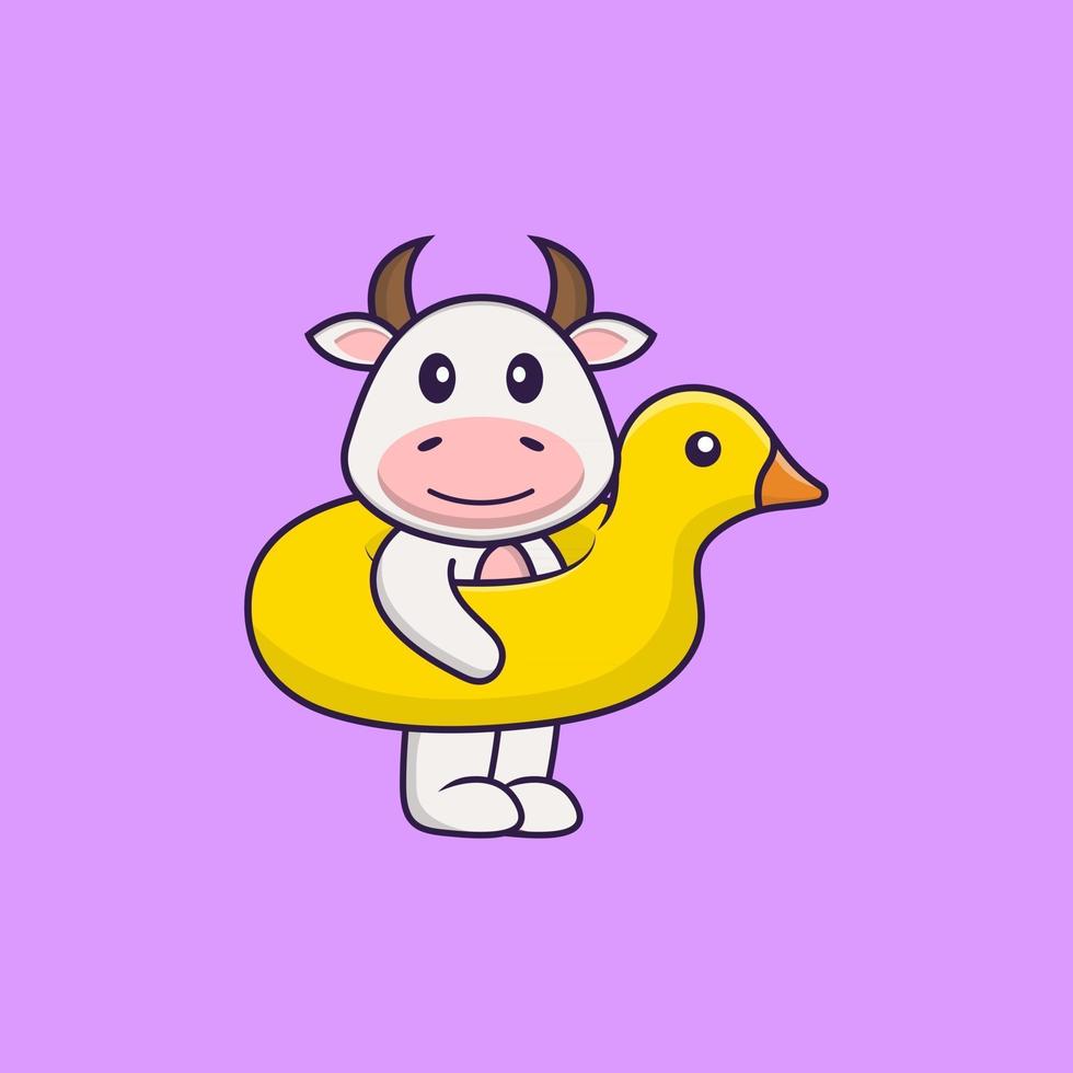 linda vaca con boya de pato. aislado concepto de dibujos animados de animales. Puede utilizarse para camiseta, tarjeta de felicitación, tarjeta de invitación o mascota. estilo de dibujos animados plana vector