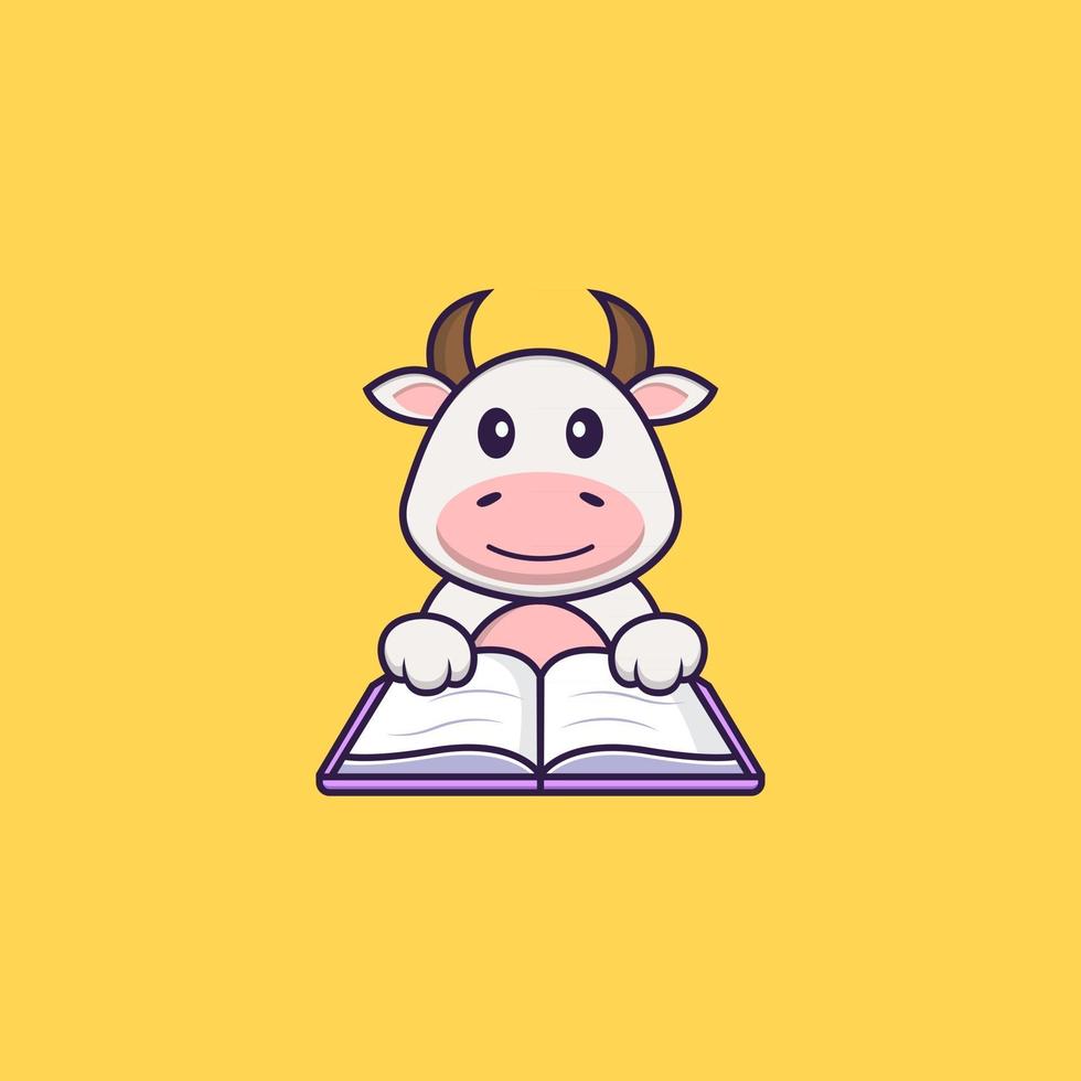Cute cow reading a book. Animal cartoon concept isolated. Can used for t-shirt, greeting card, invitation card or mascot. Flat Cartoon Style vector