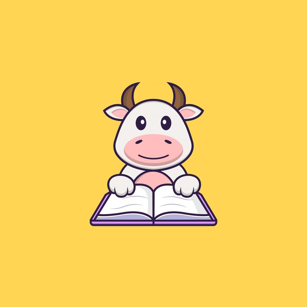 vaca linda leyendo un libro. aislado concepto de dibujos animados de animales. Puede utilizarse para camiseta, tarjeta de felicitación, tarjeta de invitación o mascota. estilo de dibujos animados plana vector