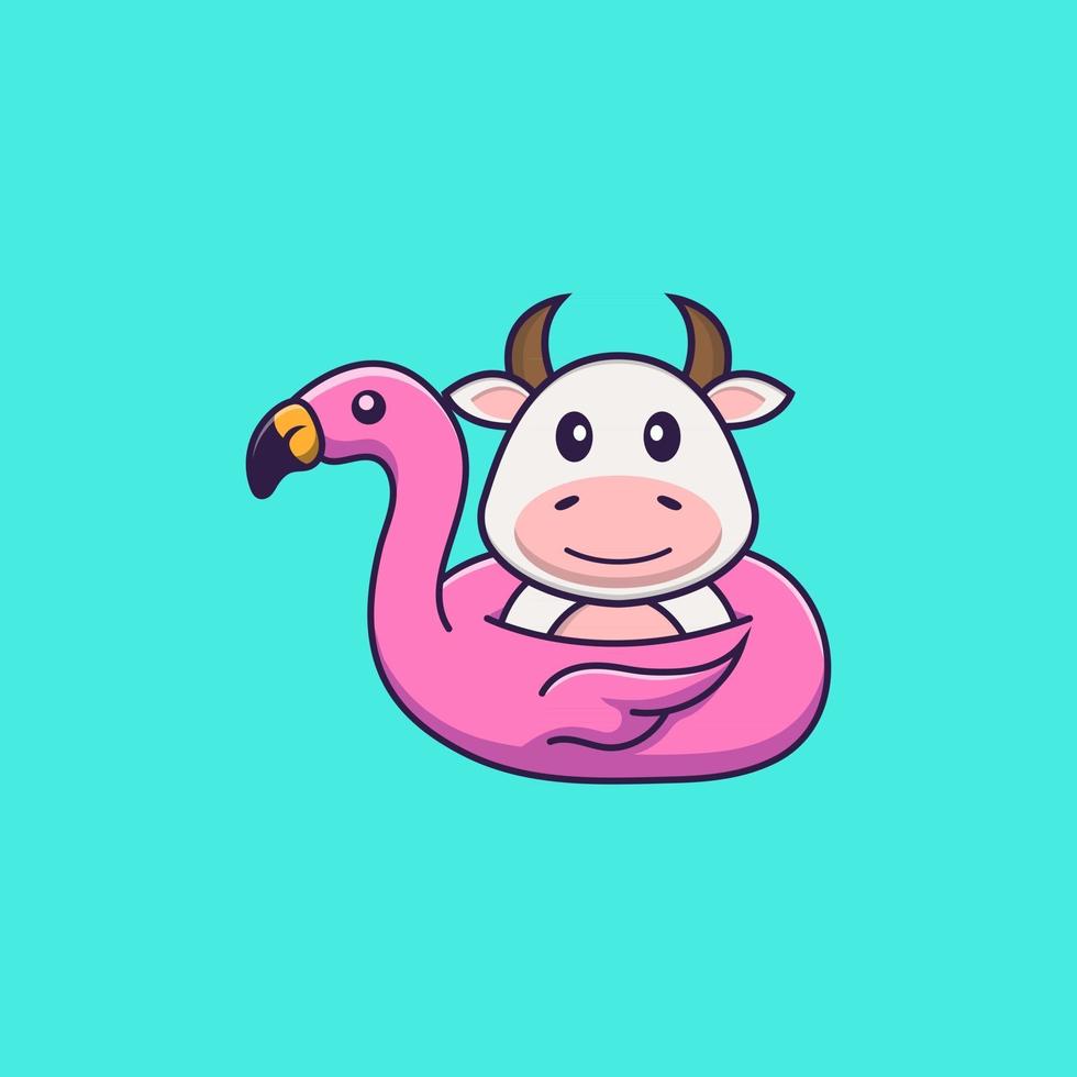 linda vaca con boya flamingo. aislado concepto de dibujos animados de animales. Puede utilizarse para camiseta, tarjeta de felicitación, tarjeta de invitación o mascota. estilo de dibujos animados plana vector
