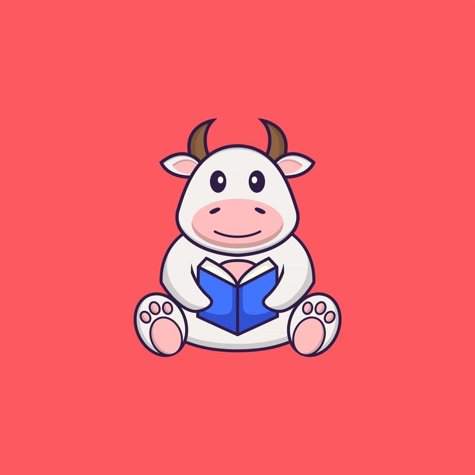 Cute cow reading a book. Animal cartoon concept isolated. Can used for t-shirt, greeting card, invitation card or mascot. Flat Cartoon Style vector