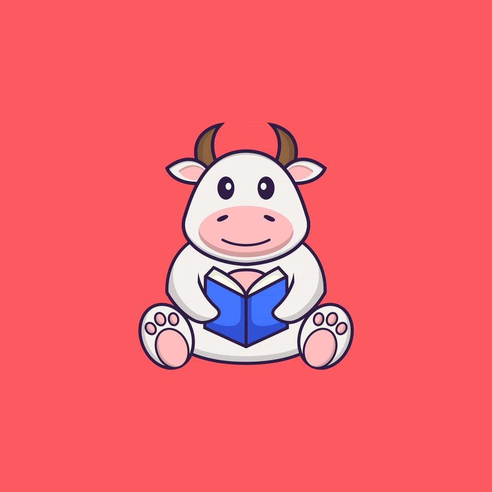 vaca linda leyendo un libro. aislado concepto de dibujos animados de animales. Puede utilizarse para camiseta, tarjeta de felicitación, tarjeta de invitación o mascota. estilo de dibujos animados plana vector