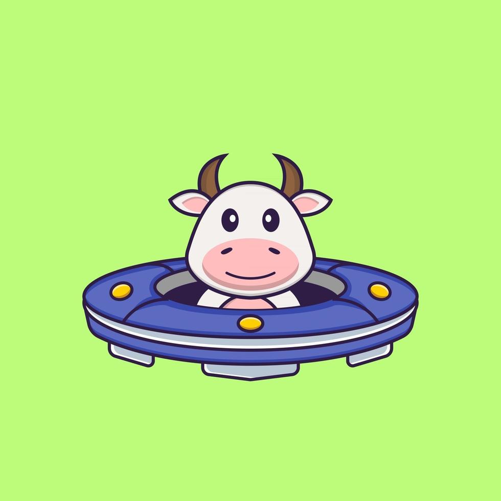 Cute cow Driving Spaceship Ufo. Animal cartoon concept isolated. Can used for t-shirt, greeting card, invitation card or mascot. Flat Cartoon Style vector